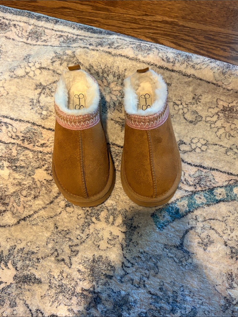 Jessica Simpson Tan Faux-Suede Kids Cozy Slip-On Slippers with Pink Trim